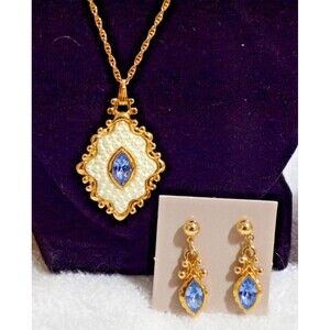 VTG Avon Victorian Pearl & Blue Marquis Rhinestone "Evil Eye" Necklace & Earring